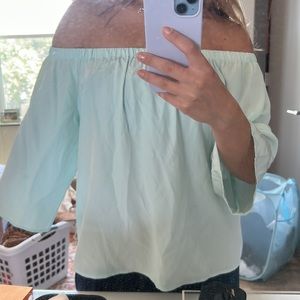 Blue silk off the shoulder top